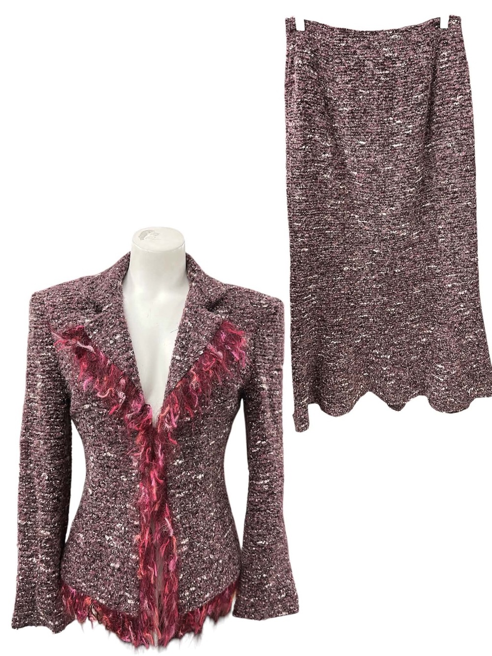 Sonia Kashuk Pink Maroon Tweed Skirt Set with Feather Trim Size M